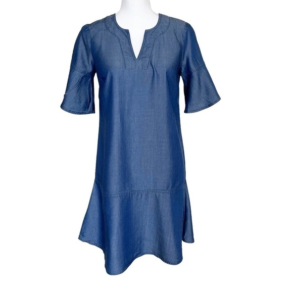 Ann Taylor Shift Dress Size XXS Petite NWT Notch Neck Short Sleeve Chambray Blue - Picture 2 of 10